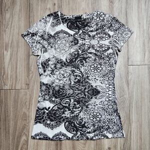 Daytrip Black White Top With Rhinestones Y2K 2000s Women's Short Sleeve Shirt